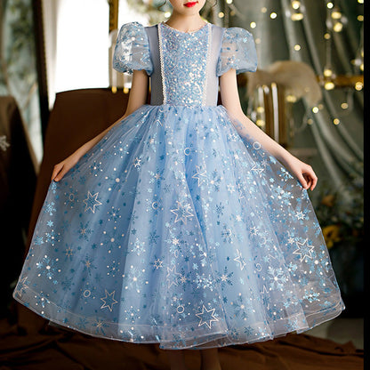 Sparkly A-Line Sequin Flower Girl Dress with Puff Sleeves