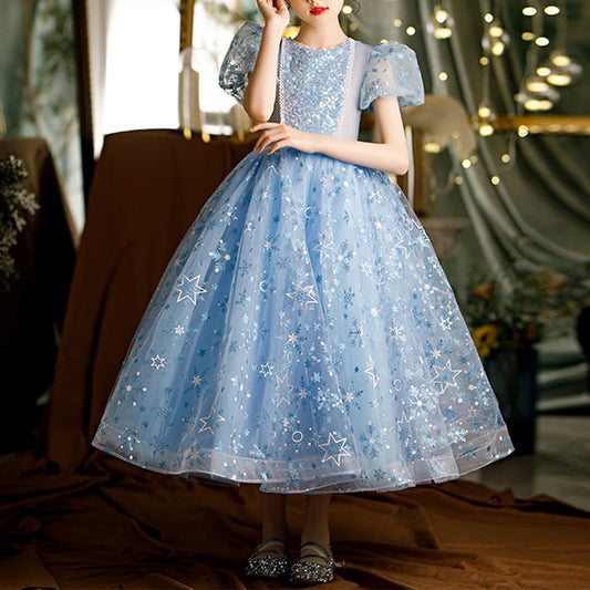 Sparkly A-Line Sequin Flower Girl Dress with Puff Sleeves