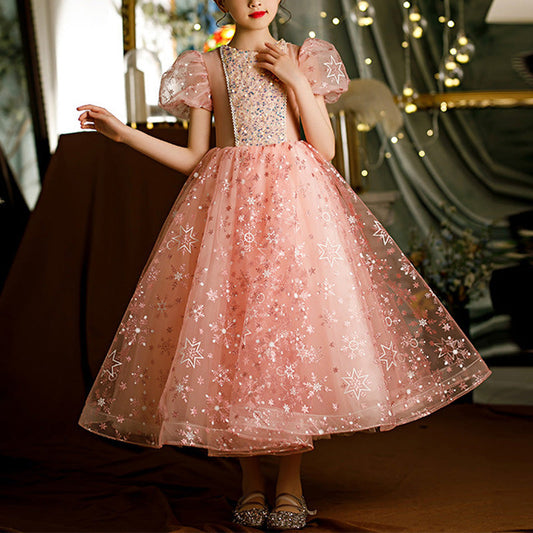Sparkly A-Line Sequin Flower Girl Dress with Puff Sleeves