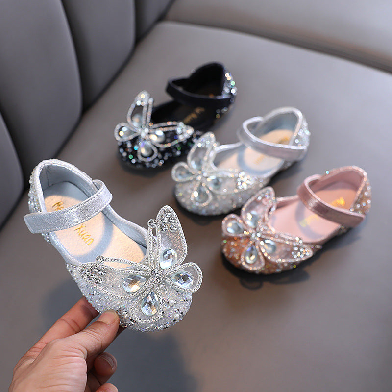 Sparkly Butterfly Rhinestone Dress Shoes for Girls – Glitter Block Heel Party Sandals