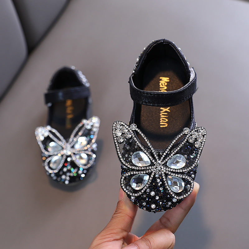 Sparkly Butterfly Rhinestone Dress Shoes for Girls – Glitter Block Heel Party Sandals