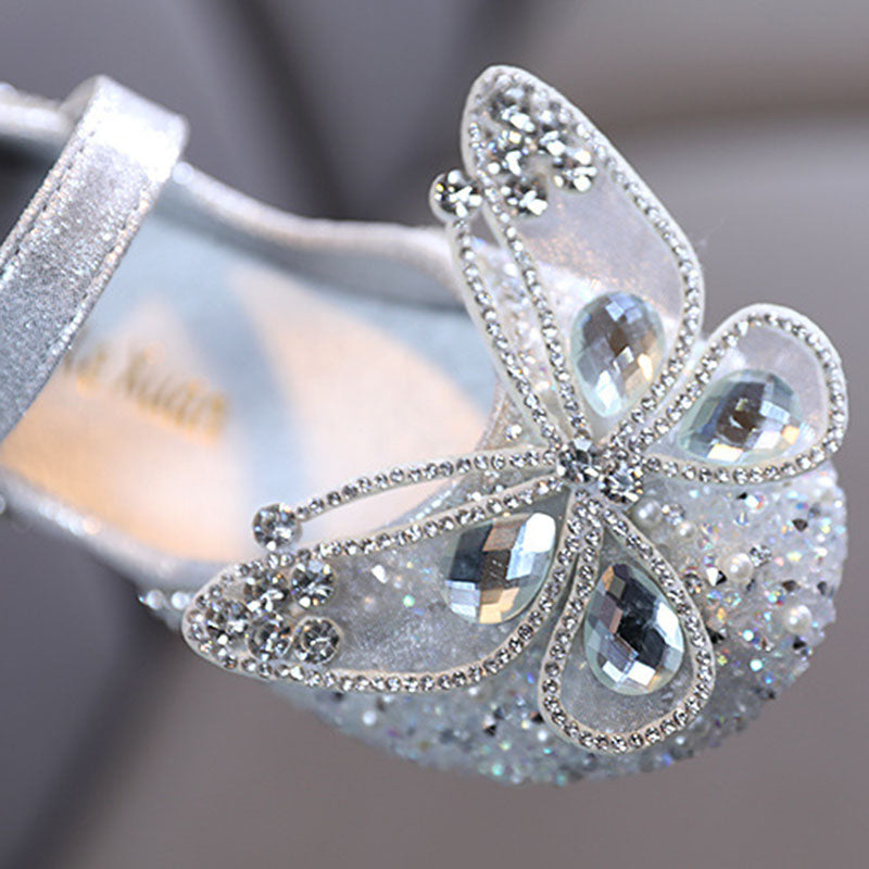 Sparkly Butterfly Rhinestone Dress Shoes for Girls – Glitter Block Heel Party Sandals