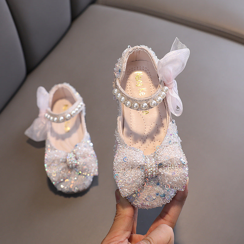 Sparkly Glitter Flower Girl Shoes with Bow, Pearls & Sequins | Special Occasion Party Shoes for Girls