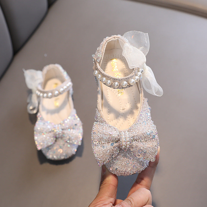 Sparkly Glitter Flower Girl Shoes with Bow, Pearls & Sequins | Special Occasion Party Shoes for Girls