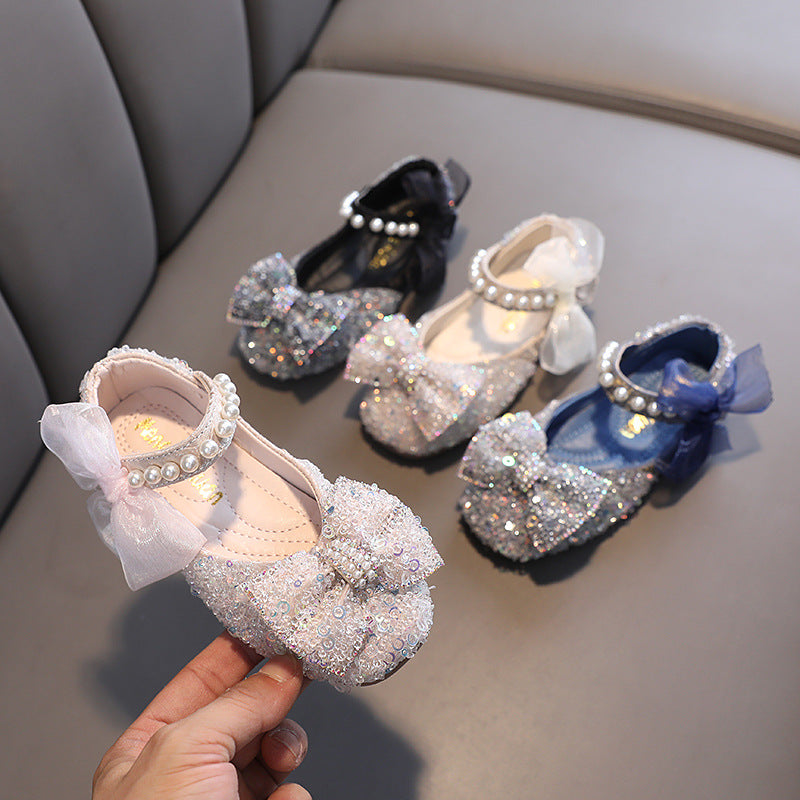 Sparkly Glitter Flower Girl Shoes with Bow, Pearls & Sequins | Special Occasion Party Shoes for Girls