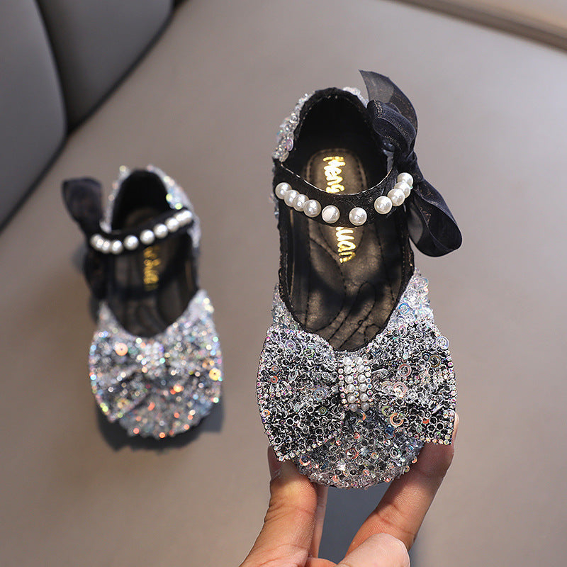Sparkly Glitter Flower Girl Shoes with Bow, Pearls & Sequins | Special Occasion Party Shoes for Girls