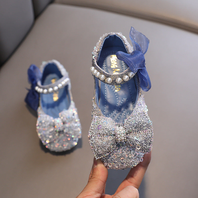 Sparkly Glitter Flower Girl Shoes with Bow, Pearls & Sequins | Special Occasion Party Shoes for Girls