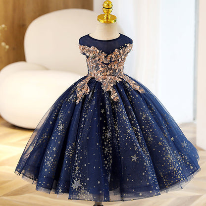 Stunning Royal Blue A-Line Flower Girl Dress | Sequins & Lace