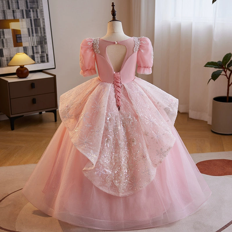Pink Sweetheart Ball Gown for Girls | Beaded Organza Tiered Dress for Special Events