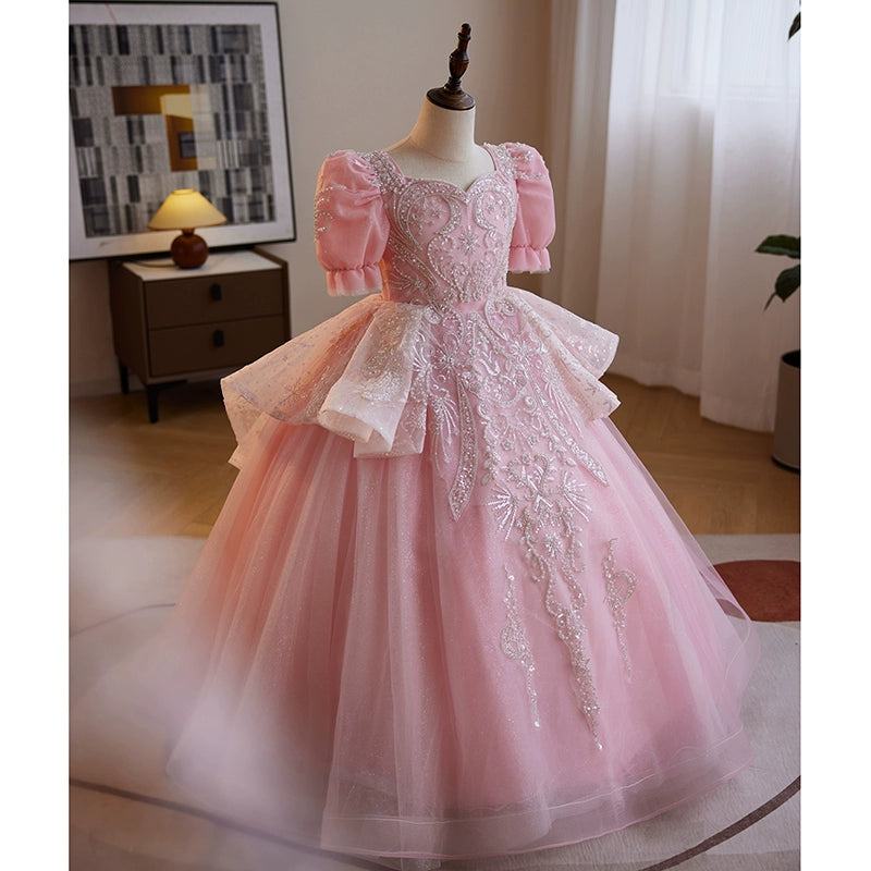 Pink Sweetheart Ball Gown for Girls | Beaded Organza Tiered Dress for Special Events