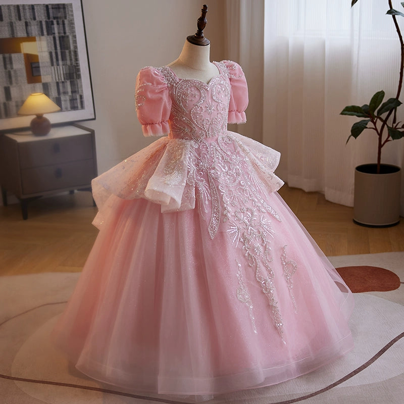 Pink Sweetheart Ball Gown for Girls | Beaded Organza Tiered Dress for Special Events