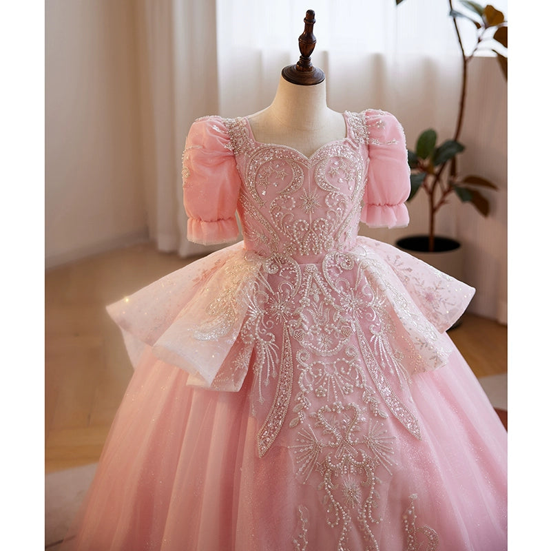 Pink Sweetheart Ball Gown for Girls | Beaded Organza Tiered Dress for Special Events