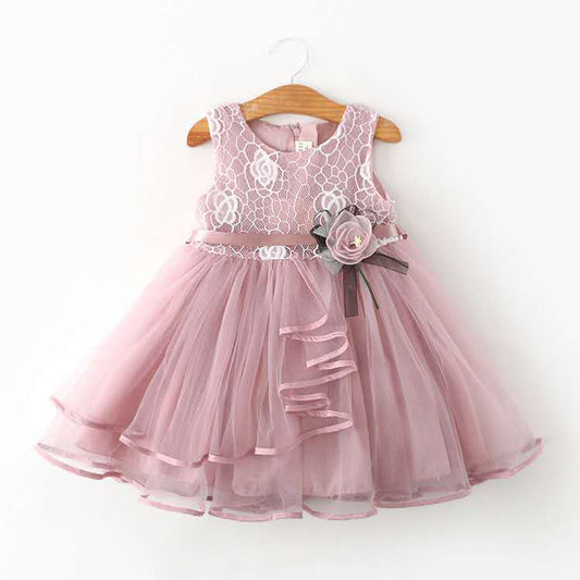 Tea Length Princess Flower Girl Dress with Lace and Flower Embellishments