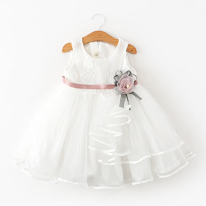 Tea Length Princess Flower Girl Dress with Lace and Flower Embellishments