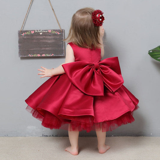 Tea Length Satin Princess Flower Girl Dress with Lace and Ruffle