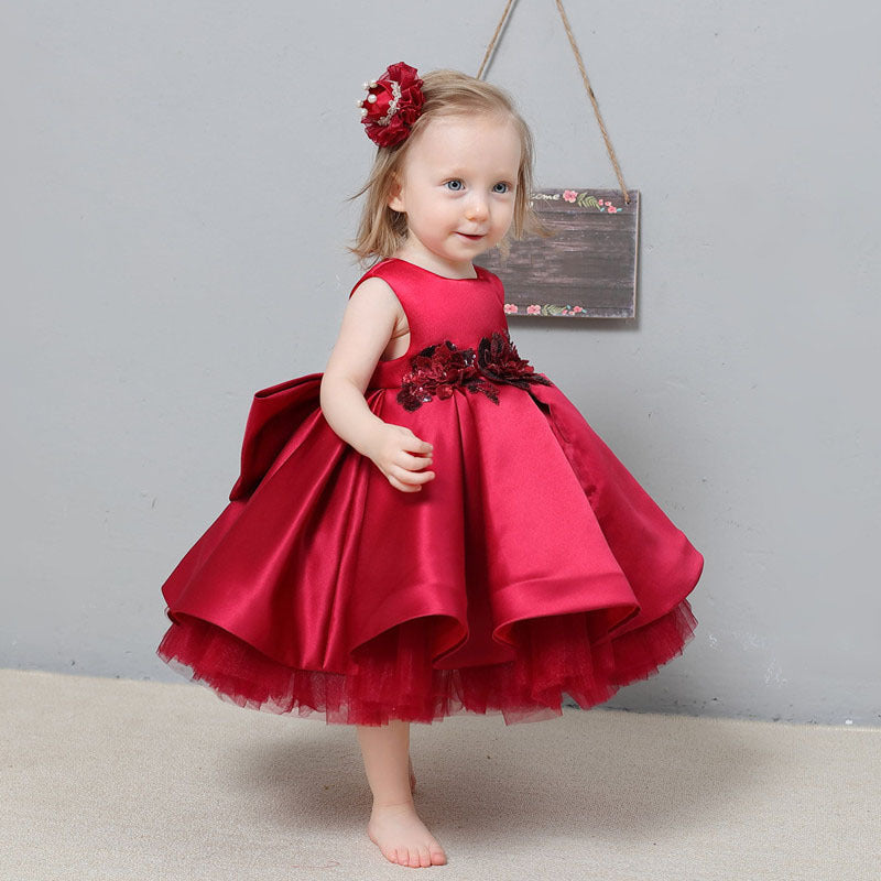 Tea Length Satin Princess Flower Girl Dress with Lace and Ruffle