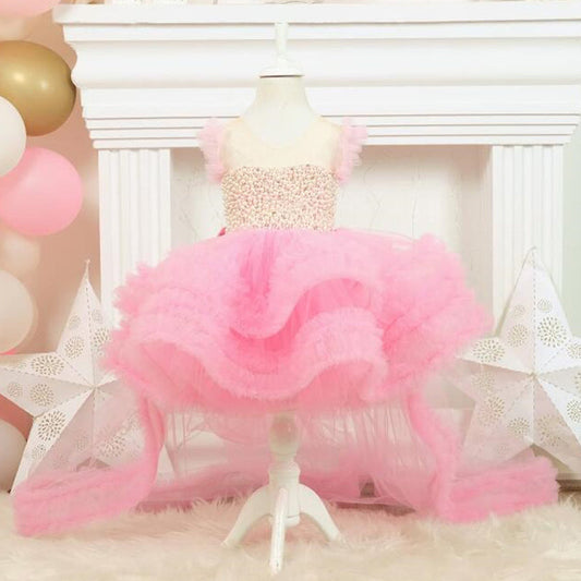 Tea-Length Ball Gown Tulle Dress for Girls – Sequin Tiered Party & Birthday Outfit