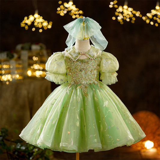 Pearl Butterfly Collar Green Ball Gown Dress for Girls, Ages 3–8