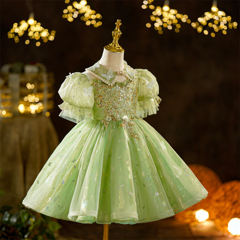 Pearl Butterfly Collar Green Ball Gown Dress for Girls, Ages 3–8