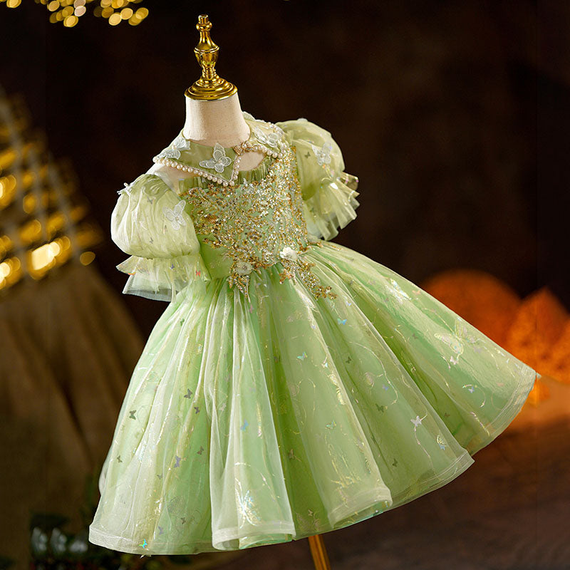 Pearl Butterfly Collar Green Ball Gown Dress for Girls, Ages 3–8