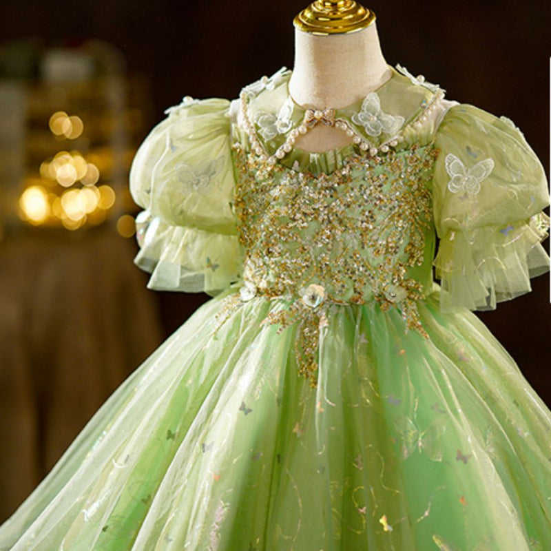 Pearl Butterfly Collar Green Ball Gown Dress for Girls, Ages 3–8