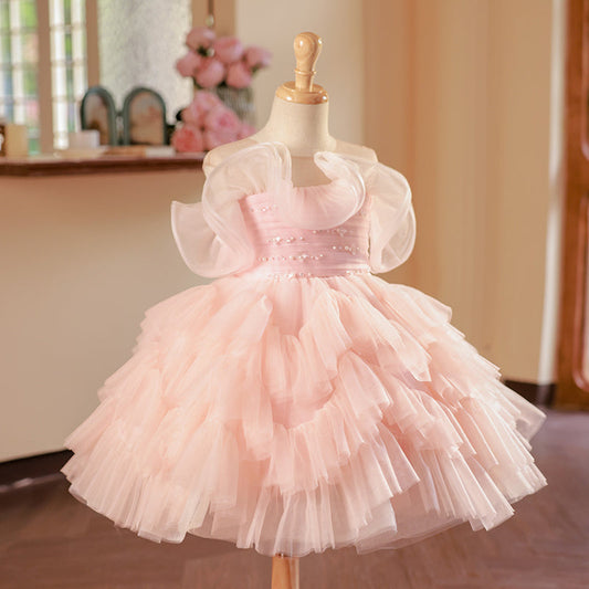 Pink Tulle Ball Gown for Girls - Sequined Knee-Length Princess Dress