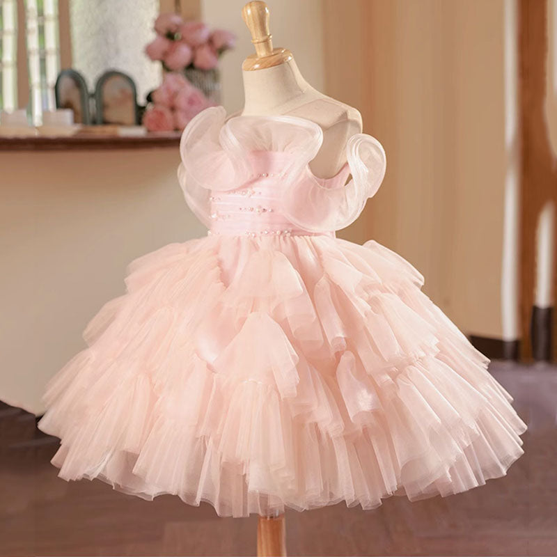 Pink Tulle Ball Gown for Girls - Sequined Knee-Length Princess Dress