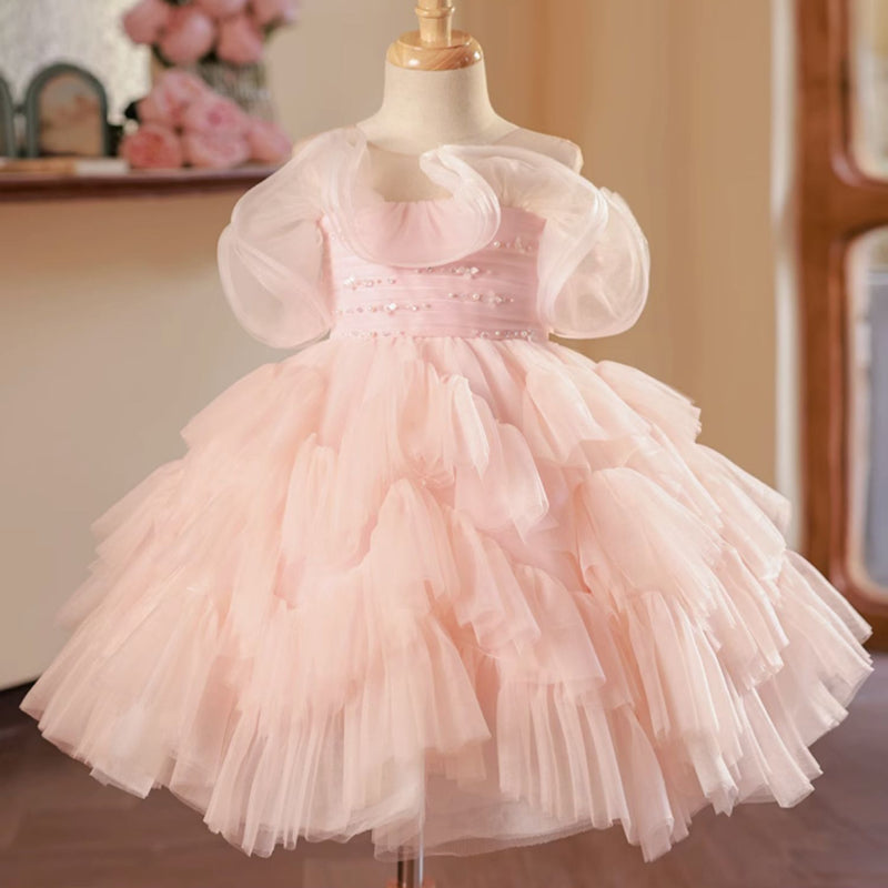 Pink Tulle Ball Gown for Girls - Sequined Knee-Length Princess Dress