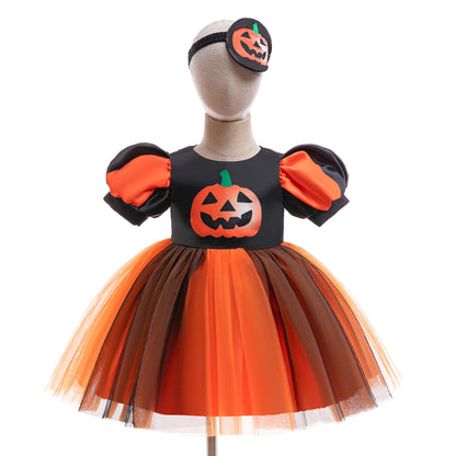 Toddler Pumpkin Princess Knee-Length Dress - Halloween Cosplay & Party Outfit