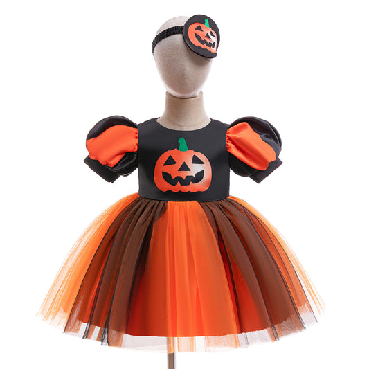 Toddler Pumpkin Princess Knee-Length Dress - Halloween Cosplay & Party Outfit