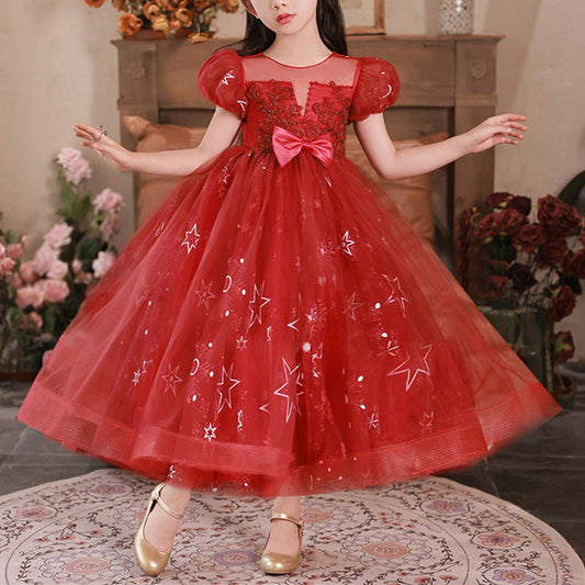 Tulle A-Line Flower Girl Dress Lace Sequin Puff Sleeve Tea