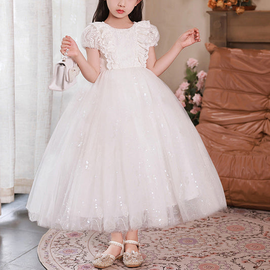Tulle A-Line Flower Girl Dress Lace Sequin Puff Sleeve Tea