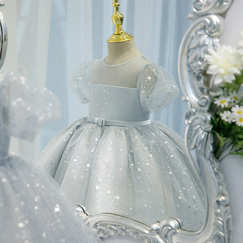 Tulle Tea Length Flower Girl Dress: Sequins & Puff Sleeves