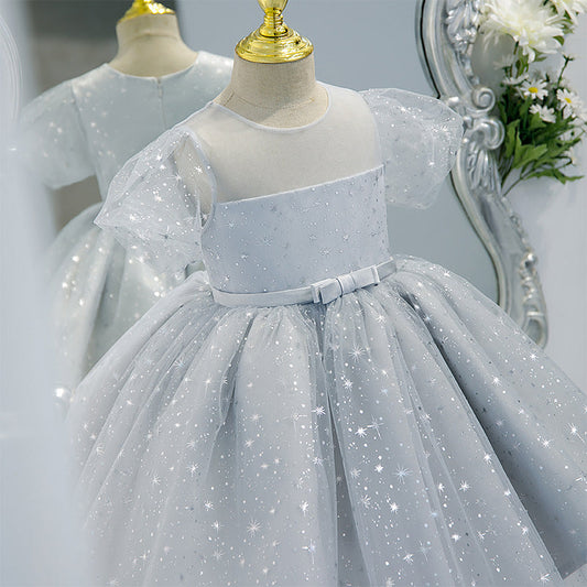Tulle Tea Length Flower Girl Dress: Sequins & Puff Sleeves
