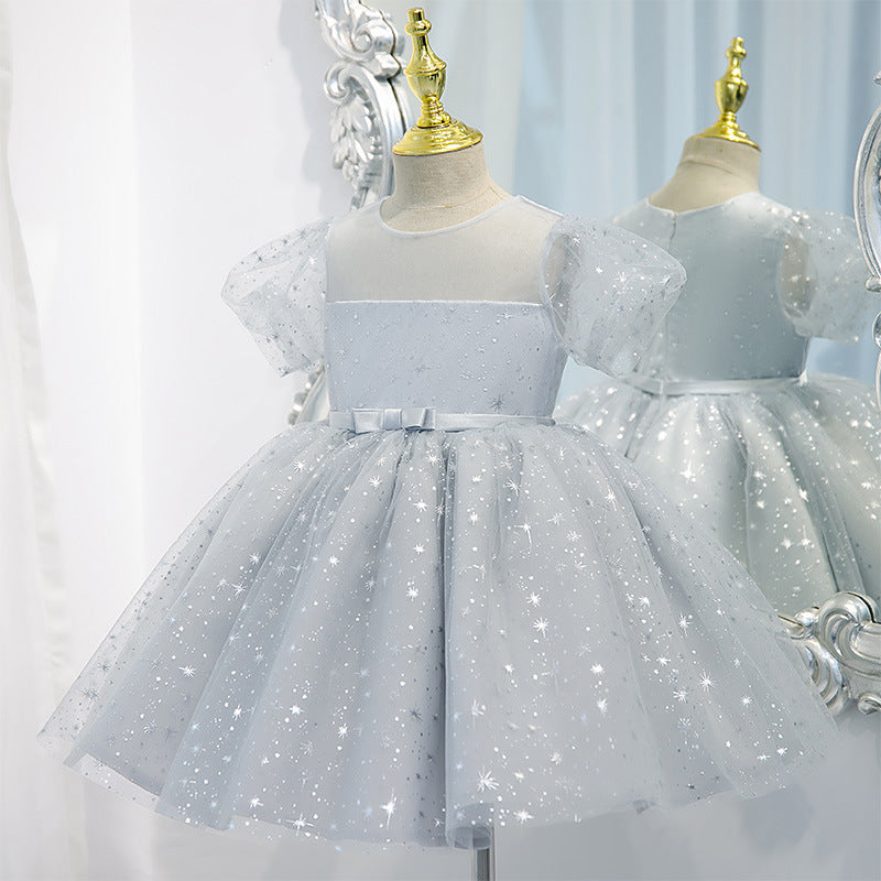 Tulle Tea Length Flower Girl Dress: Sequins & Puff Sleeves
