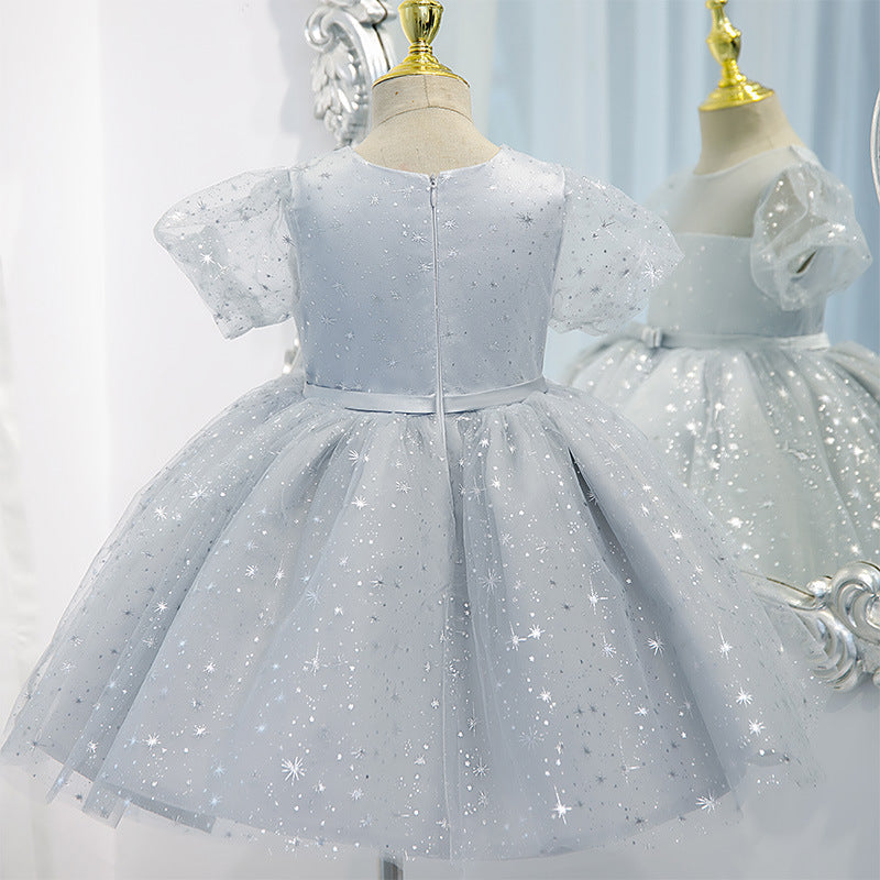 Tulle Tea Length Flower Girl Dress: Sequins & Puff Sleeves