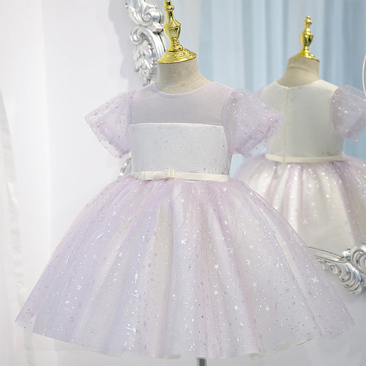 Tulle Tea Length Flower Girl Dress: Sequins & Puff Sleeves