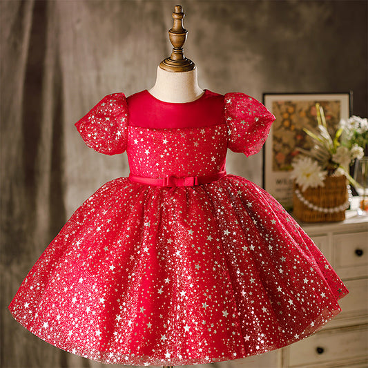 Tulle Tea Length Flower Girl Dress: Sequins & Puff Sleeves