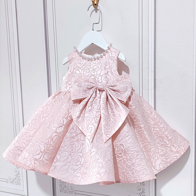 Chic Pink Satin A-Line Dress with Bow for Girls – V-Neck, Sleeveless, Knee Length