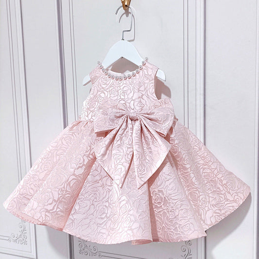 Chic Pink Satin A-Line Dress with Bow for Girls – V-Neck, Sleeveless, Knee Length