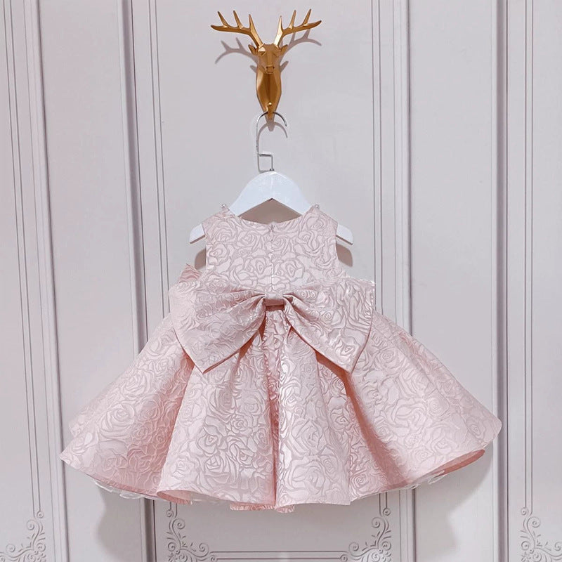 Chic Pink Satin A-Line Dress with Bow for Girls – V-Neck, Sleeveless, Knee Length