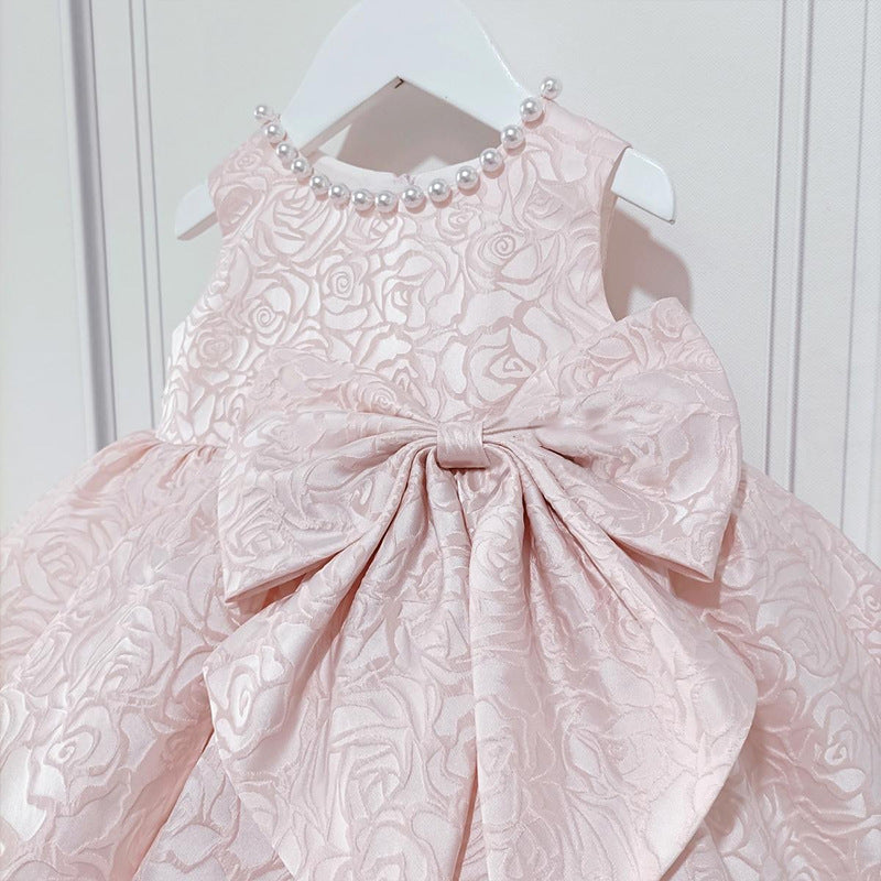 Chic Pink Satin A-Line Dress with Bow for Girls – V-Neck, Sleeveless, Knee Length