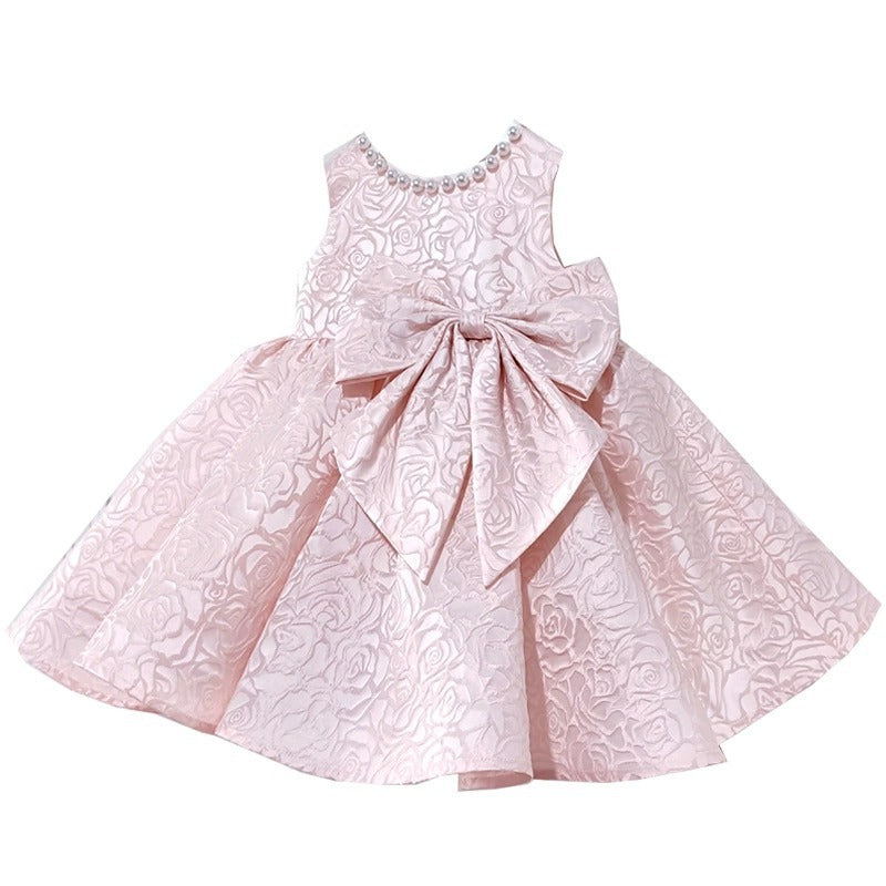 Chic Pink Satin A-Line Dress with Bow for Girls – V-Neck, Sleeveless, Knee Length