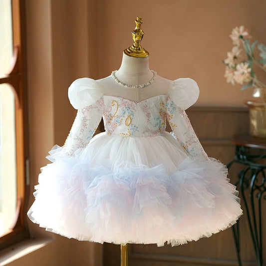 White & Colorful A-Line Flower Girl Dress with Lace & Ruffles