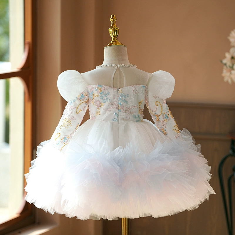 White & Colorful A-Line Flower Girl Dress with Lace & Ruffles