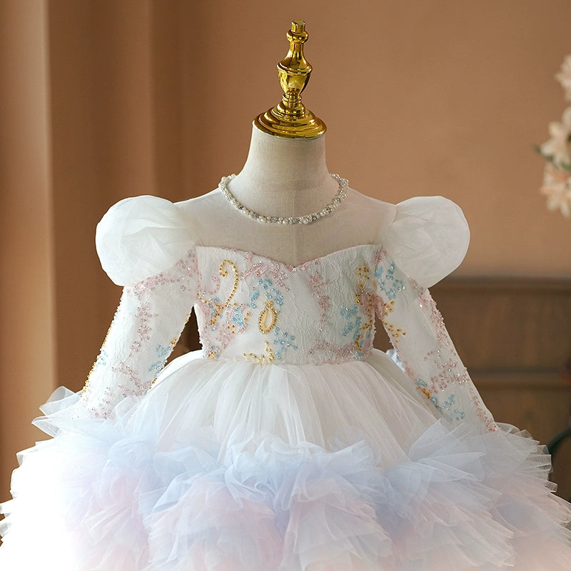 White & Colorful A-Line Flower Girl Dress with Lace & Ruffles