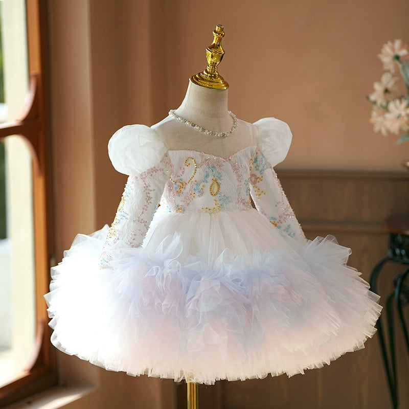 White & Colorful A-Line Flower Girl Dress with Lace & Ruffles