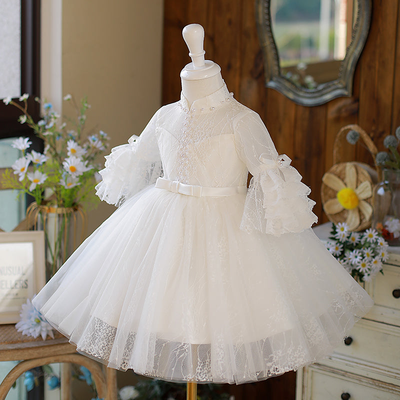 White A-Line Flower Girl Dress - Lace, Tulle & Bell Sleeves