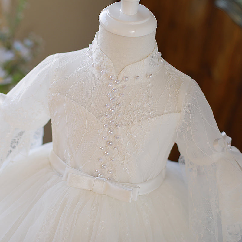 White A-Line Flower Girl Dress - Lace, Tulle & Bell Sleeves