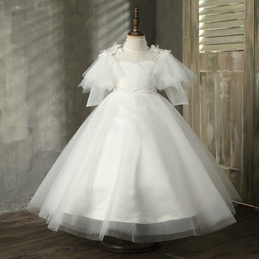 White A-Line Flower Girl Dress Round Neck Long Sleeves